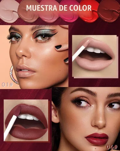 Vista 2 de Lápiz labial líquido mate para mujeres - 2 unidades, rosa nude y rojo vino, tinte labial altamente pigmentado, brillo labial mate aterciopelado