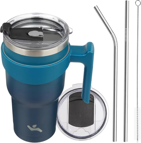 Vista 67 de Konokyo - Vaso de 10 onzas con asa y 2 popotes, 2 tapas, botella de agua aislada de acero inoxidable, taza de viaje reutilizable, color verde militar