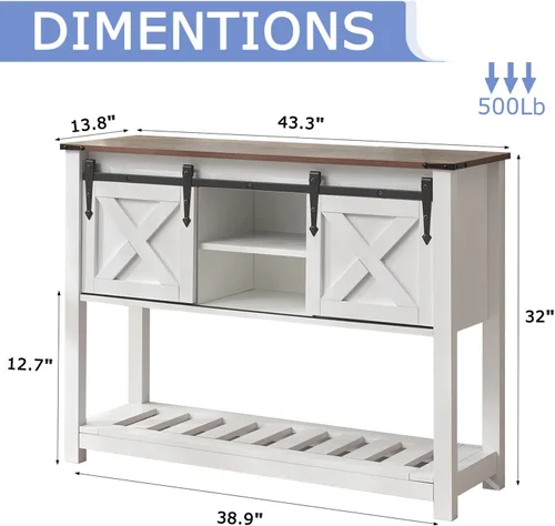 Vista 2 de Mesa de entrada de granja con puertas corredizas de granero, mesa consola de madera con estante de almacenamiento, mesa de sofá rústica para sala