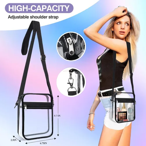 Vista 4 de Bolsa transparente aprobada para estadios, bolsa cruzada transparente, con correa de hombro ajustable para mujer, con bolsillo frontal