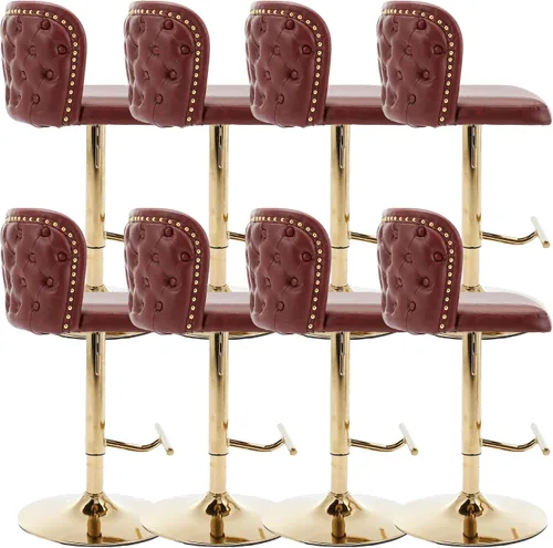 Vista 23 de Taburetes de bar tapizados de poliuretano con base dorada, taburetes de bar ajustables de 25-33 pulgadas, taburetes de mostrador con respaldo Beige