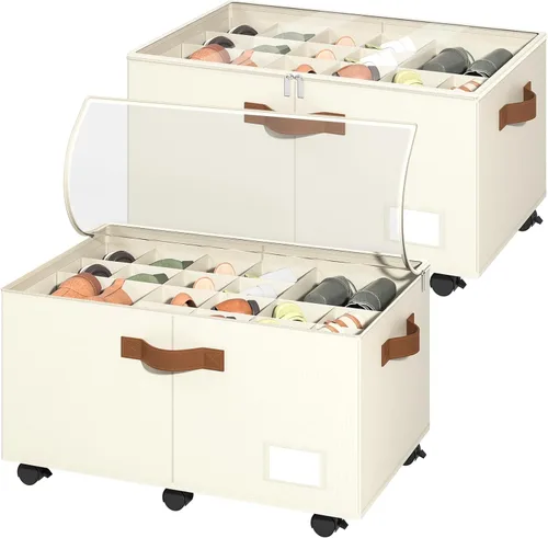 Vista 9 de Foyego Organizador de zapatos para armario, organizador de zapatos con ruedas y divisores ajustables, caja de almacenamiento de zapatos apilable