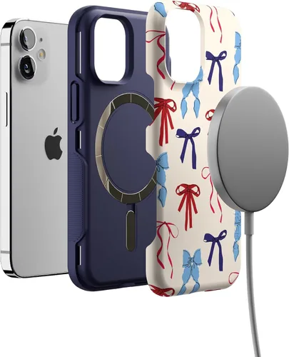 Vista 5 de Casely Funda para iPhone 12 Mini American Girlie Lazos rojos, blancos y azules Diseño protector audaz Compatible con MagSafe