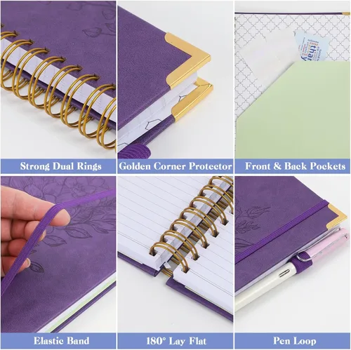 Vista 5 de Cuadernos de diario A5, cuaderno de espiral de tapa dura, cuaderno de cuero para mujeres y niñas, cuaderno de rayas universitarias con páginas