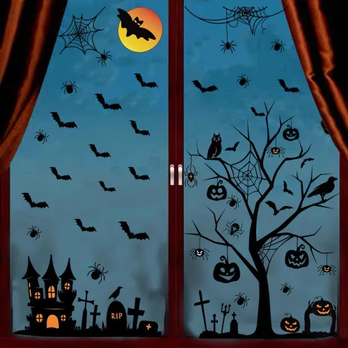 Vista 3 de Calcomanías de pared de Halloween, murciélagos altos para decoración del hogar, arte extraíble para ventanas, suministros de fiesta