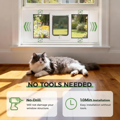 Vista 4 de Slevoo Puerta de gato para ventana, instalación sin cortes en 10 minutos, ancho ajustable de 23 a 28 pulgadas, bloqueo de perilla mejorado de 4