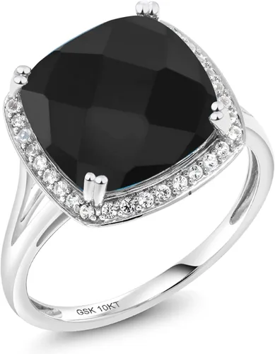 Vista 2 de Gem Stone King Anillo de mujer de oro blanco de 10 quilates con ónix negro y zafiro blanco creado