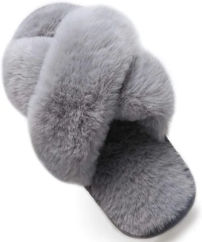 Vista 9 de LightFun Pantuflas peludas y peludas para niña, chancletas de piel con punta abierta, sandalias de banda cruzada para niñas, hogar, interior y Beige