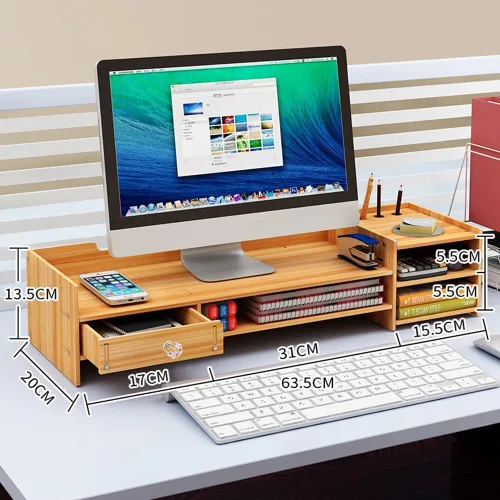 Vista 2 de Soporte ergonómico para monitor de madera,Estantes de monitor de escritorio pequeños con cajón,Organizador de escritorio de oficina en casa