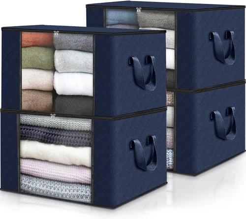 Vista 23 de Fab totes Paquete de 3 bolsas de almacenamiento plegables de tela gruesa, contenedores para organizar dormitorio, armario, ropa, edredón, Beige