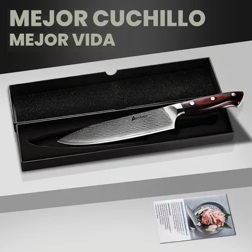 Vista 6 de Ambertronix Cuchillo de chef profesional de Damasco de 8 pulgadas, cuchillos de cocina hechos de acero inoxidable japonés VG-10 con patrón único