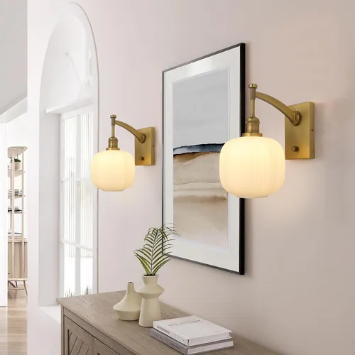 Vista 3 de Pathson Milk White Glass Wall Sconce with Switch, Hardwired Wall Vanity Light, Mid-Century Vintage Wall Lamp Fixture or Living Room Farmhouse