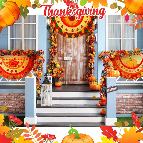 Vista 3 de Breling 4 banderas de Acción de Gracias para exteriores de 3 x 1.5 pies, con diseño de calabaza, pavo, otoño, plisada, para colgar en el patio