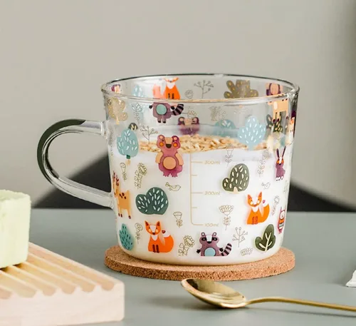 Vista 6 de JHTPSLR Taza de vidrio transparente con asas para fiesta del bosque, 17 onzas, bonita, taza de vidrio con osos, zorro, búho, ardilla, alce, hongos