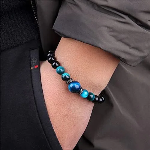 Vista 3 de Natural Stone Bracelets Men Royal Blue Tiger Eye Bracelets Bangle Fashion CZ Charm Black Onyx Beads IE1SG (4.rose gold color-23cm)