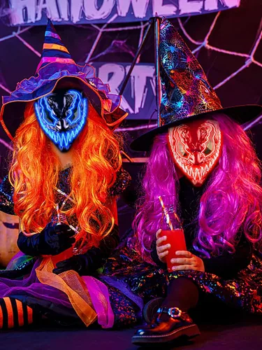 Vista 5 de Venobat Máscara de Halloween con luz LED para adultos y niños paquete de 2 máscaras de neón de ojos brillantes oscuros y malvados con 3 modos