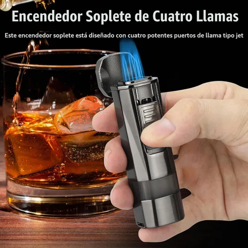 Vista 4 de Encendedor de llama de cuatro chorros con punzón y soporte, resistente al viento, encendedor de butano recargable multifuncional, caja de regalo