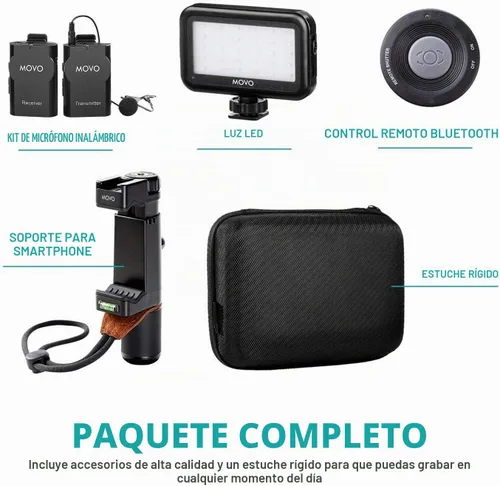Vista 6 de Movo Kit de video inalámbrico para teléfono inteligente V2+ con trípode, agarre, micrófono de solapa inalámbrico, luz LED y control remoto,