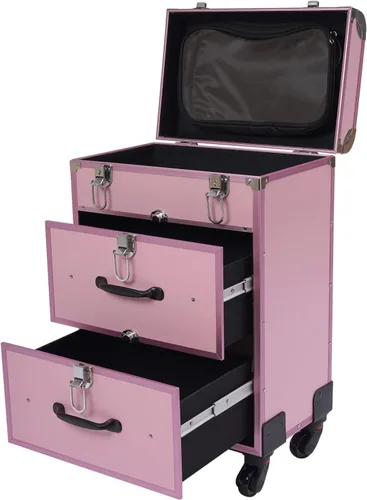 Vista 17 de Estuche de maquillaje con ruedas para cosméticos, carrito grande para cosméticos con cerraduras, organizador de almacenamiento de cosméticos, Negro