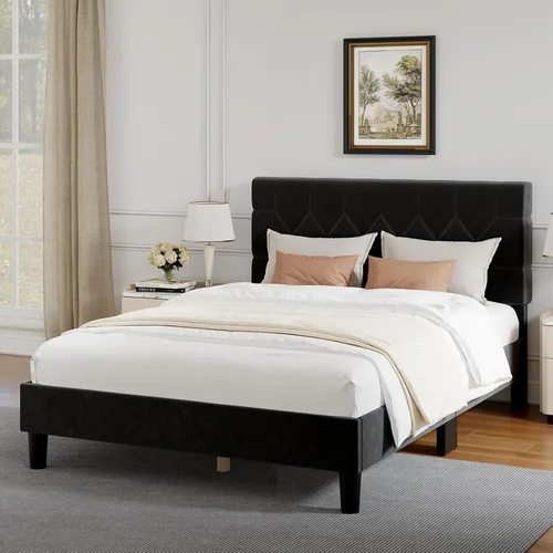 Vista 3 de Novilla - Base de cama Queen con cabecero, base de cama tamaño Queen con soporte de listones de madera, cabecero tapizado de terciopelo con puntos