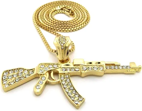 Vista 2 de Mens Iced Out ametralladora AK47Chopper, arma Uzi, pistola de mano, caja colgante, cuerda, cadena cubana, set de 3 collares con dije
