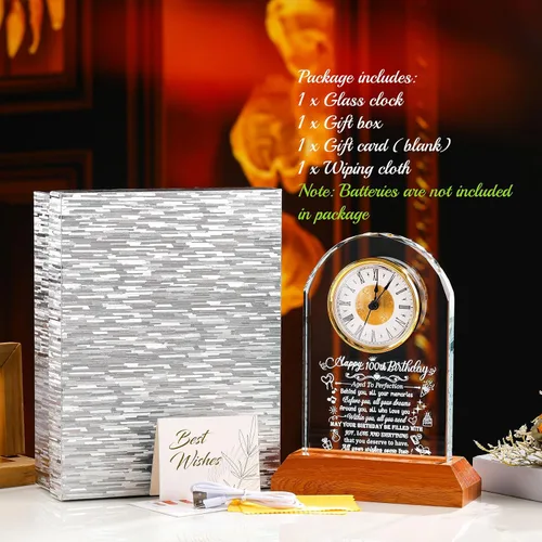 Vista 7 de Arikyrist Regalos de cumpleaños número 100 para mujeres, hombres y amigos, reloj de cumpleaños de cristal con base de luz Glass 100th Birthday