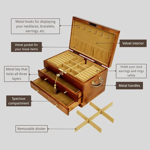 Vista 3 de Joyero de madera con cerradura y llave para mujer, 2 cajones de tamaño mediano, organizador antiguo de madera natural real con cerradura con gran
