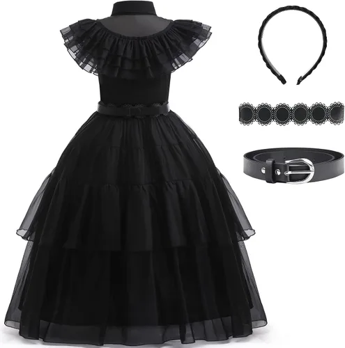 Vista 2 de YOJOJOCO Vestido de miércoles para niñas, disfraz de Halloween, fiesta de cumpleaños