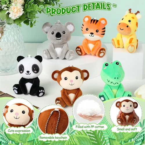 Vista 3 de Aoriher 6 llaveros de peluche de bosque a granel, panda, mono, cocodrilo, koala, tigre y jirafa de 4 pulgadas, regalo para el aula, relleno