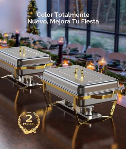 Vista 5 de Platos de Roce para Buffet 2 Pack, 9QT [Colores Oro Elegante y Plata] Juego de Platos de Roce de Acero Inoxidable para Buffet