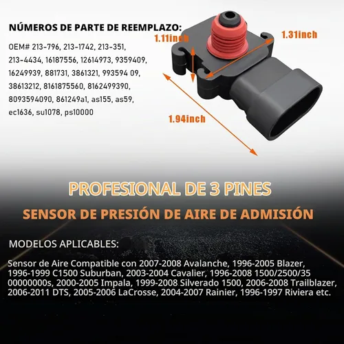 Vista 2 de Dickno Sensor de presión absoluta del colector, sensor de presión de aire de admisión de 3 pines, número OEM 213-796 213-1742, reemplazo del sensor