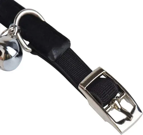Vista 4 de Collar ajustable seguro para gatos CHUKCHI de terciopelo suave Adorno ostentoso de diamante con campanas de 11 pulgadas para perros pequeños y Negro