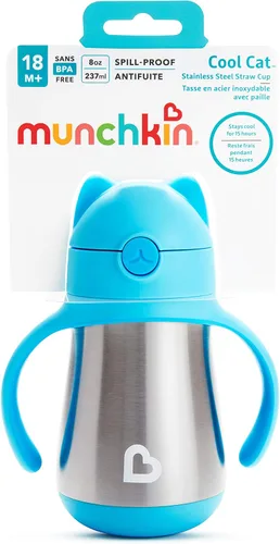 Vista 7 de Munchkin Cool Cat - Vaso para beber con popote para niños pequeños, vaso con popote de acero inoxidable, 8 onzas, azul