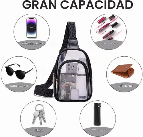 Vista 5 de Bolso bandolera transparente para eventos de estadio, bolsa cruzada para mujer, aprobada para estadios Negro