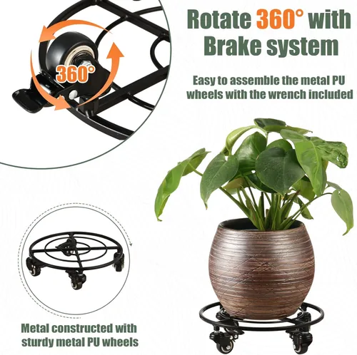 Vista 4 de Paquete de 2 organizadores grandes de metal para plantas con ruedas de 13.6 pulgadas, soportes rodantes para plantas de hierro forjado, rodillos