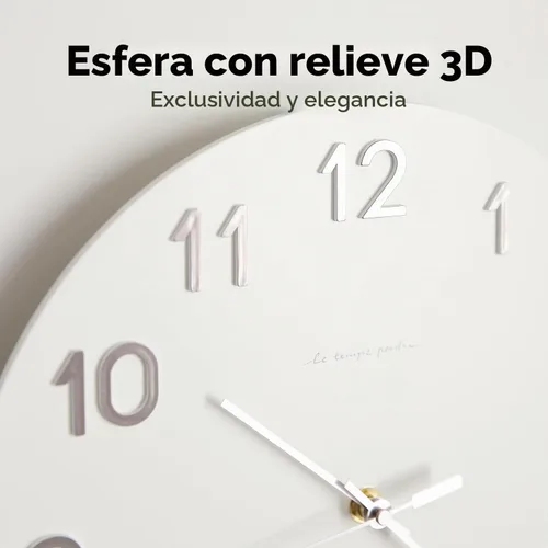 Vista 3 de mooas - Reloj de pared moderno con números 3D de 12 pulgadas, funciona con pilas, analógico (crema)
