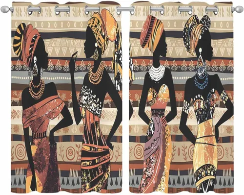 Vista 2 de Cortinas traslúcidas históricas africanas de 39 pulgadas de largo, juego de 2 paneles de cortinas para cocina, dormitorio, sala de estar, puerta