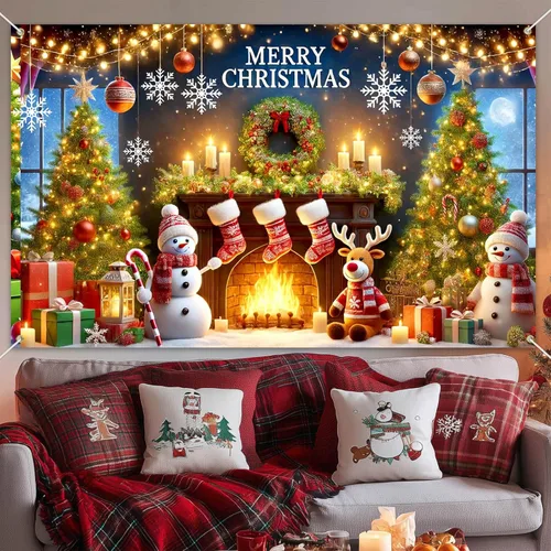 Vista 5 de BlissYard Pancarta de Fondo Navideño Escena de Chimenea con Muñeco de Nieve Reno Medias Guirnalda Árbol Regalos Decoración de Fiesta Navideña 71×43