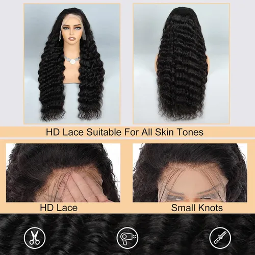 Vista 4 de Pelucas de cabello humano con malla frontal de onda suelta 13x4, densidad del 200%, con encaje frontal transparente HD, encaje frontal completo, sin