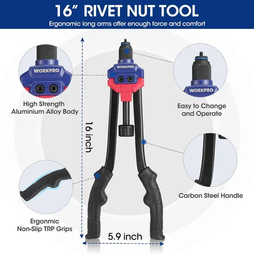 Vista 3 de WORKPRO Nutsert - Herramienta de tuerca remachadora de 16 pulgadas, kit de herramientas de remache con 11 mandriles métricos y SAE, kit surtido