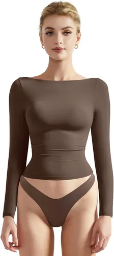Vista 22 de SUUKSESS Camiseta de mujer con cuello redondo, manga larga, doblemente forrada, ajustada y corta