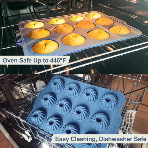 Vista 8 de Webake 2.75" Silicone Mini Fluted Tube Cake Pan with Steel-Reinforced Frame, 12-Cavity Nonstick Bite Size Mini Flan Molds for Baking, 1 Pack Blue