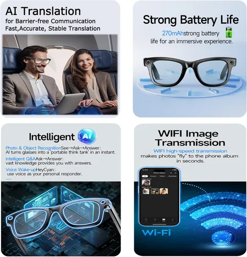 Vista 3 de Gafas inteligentes con cámara, 8MP HD AI Smart Glasses 1080P Video Recording Glasses con asistente de voz, traducción en tiempo real, asistente