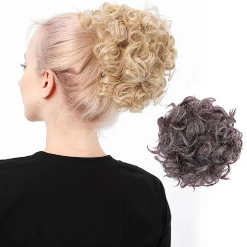 Vista 21 de Moño de cabello rizado desordenado, pieza de cabello sintético resistente al calor, extensiones de moño de cabello despeinado con cordón Updos Negro