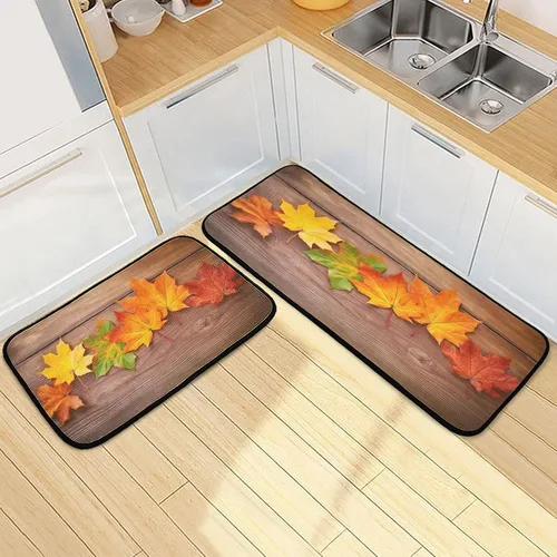 Vista 7 de Kitchen Rugs 2 Piece Waterproof Non Slip Kitchen Mat Maple Leaves on Wood Kitchen Rug Set for Sink Office Kitchen Cafe, 19.7"x47.2"+19.7"x27.6