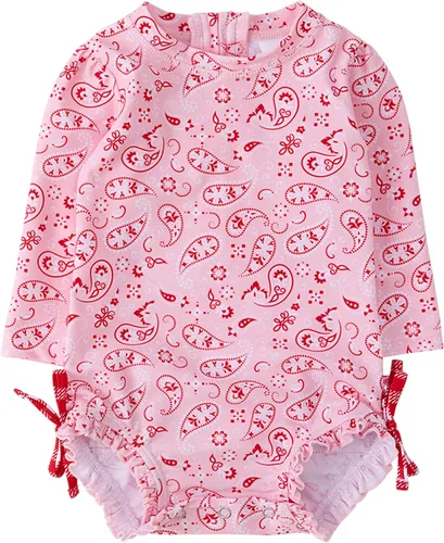 Vista 50 de RuffleButts - Traje de baño de una pieza con protección solar UPF 50+, camiseta de protección floral estampado, manga larga, con cierre zipper