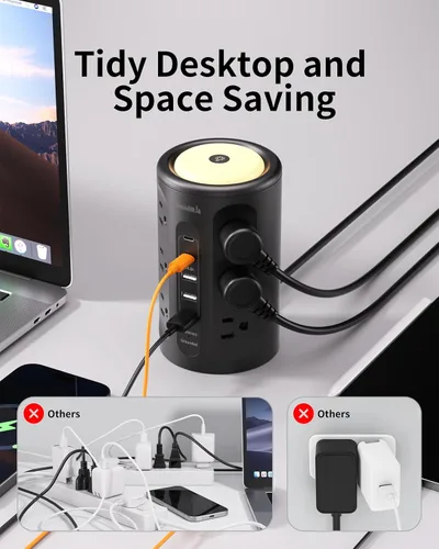 Vista 5 de Torre de regleta de protección contra sobretensiones con 5 puertos USB y luz nocturna, cable de extensión de 10 pies con 12 tomas de corriente Negro