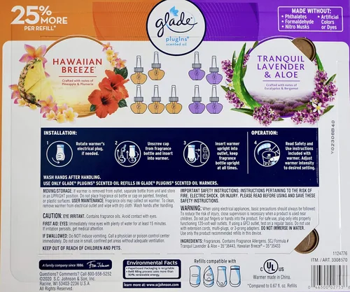 Vista 2 de Glade Plugins - Aloe de lavanda y brisa hawaiana, 9 repuestos de aceite perfumado y 1 calentador