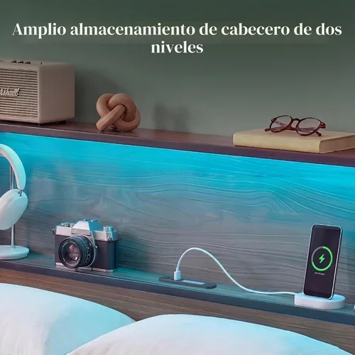 Vista 3 de Zinus Kai - Base de cama de plataforma, cabecero de dos niveles para almacenamiento que ahorra espacio, luces LED RGB con ajuste de estado de ánimo