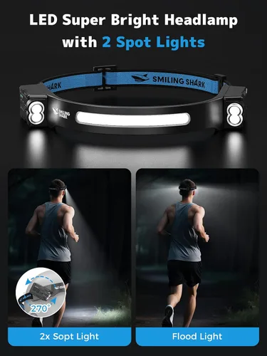 Vista 2 de Smiling Shark TD-0123-S - Linterna frontal ultrabrillante de 2400 mAh, recargable con sensor de movimiento manos libres, lámpara de cabeza LED